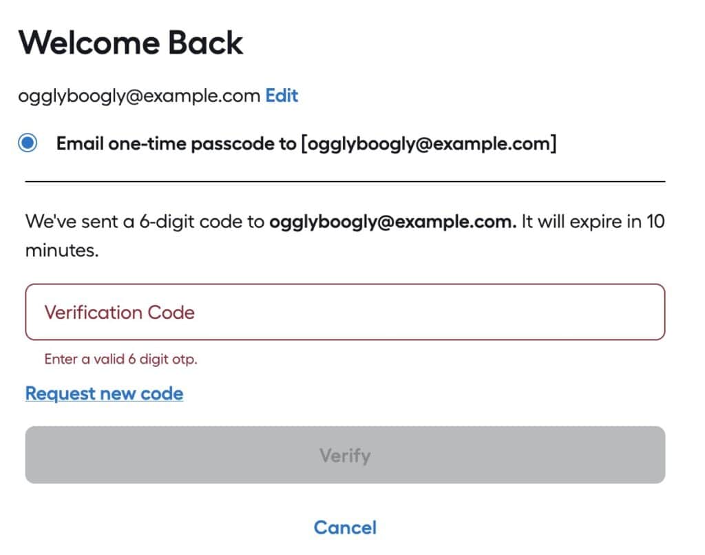We've sent a 6-digit code to ogglyboogly@example.com. It will expire in 10 minutes.